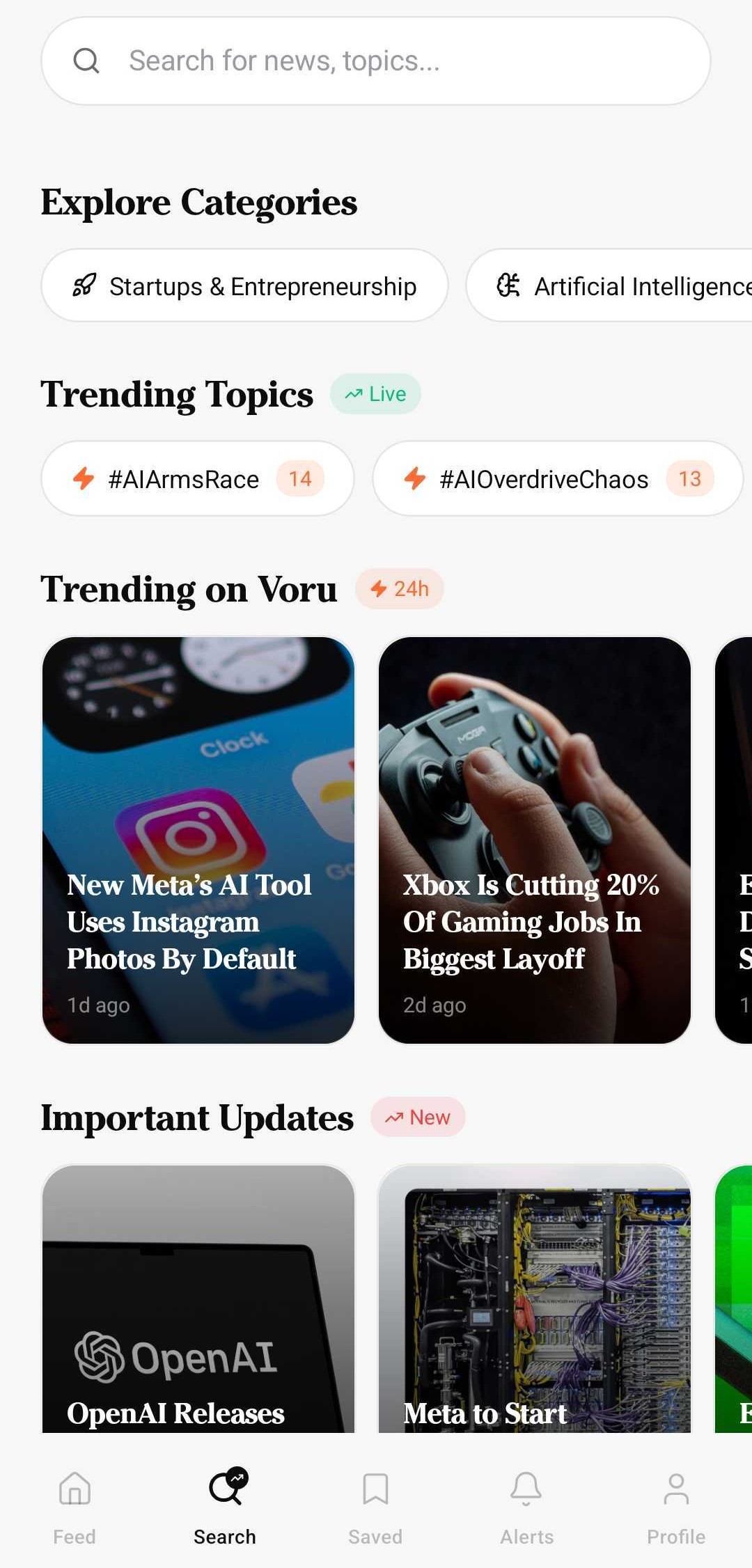Voru Discover screen showing trending topics and updates